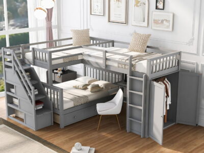 L Shaped Bunk Bed With 3 Drawers, Portable Desk And Wardrobe