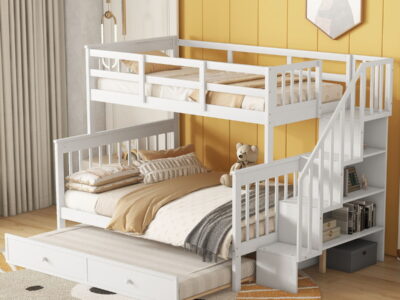Bunk Bed With Twin Size Trundle, Storage And Guard Rail For Bedroom