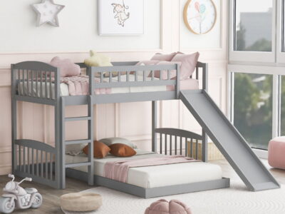 Twin Over Twin Classic Bunk Bed With Slide And Ladder - Gray