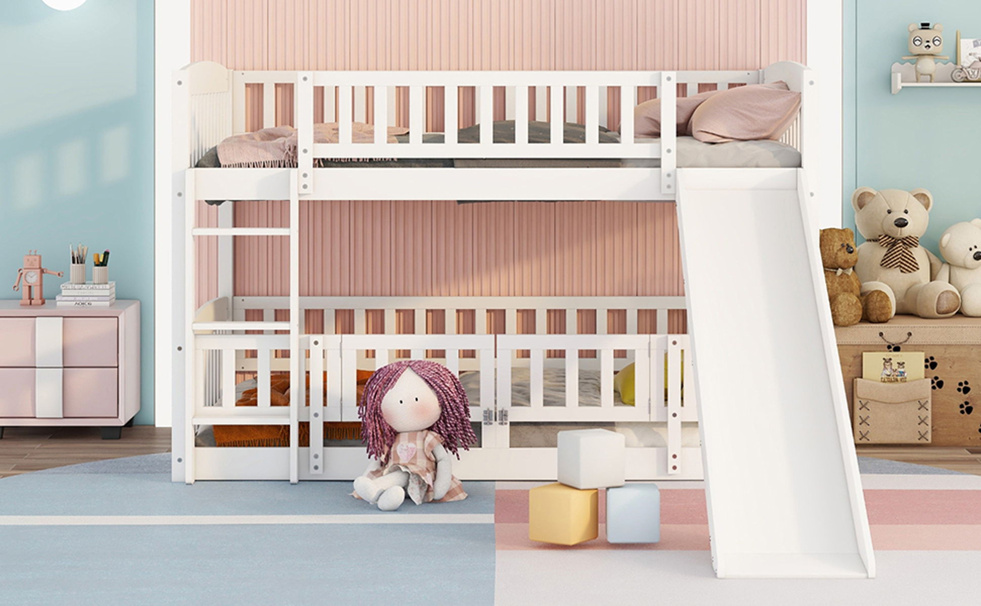 Low Bunk Bed With Slide, Fence And Ladder - Image 8