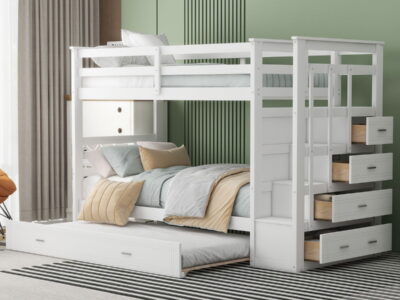 Twin Over Twin Bunk Bed With Trundle And Staircase - White