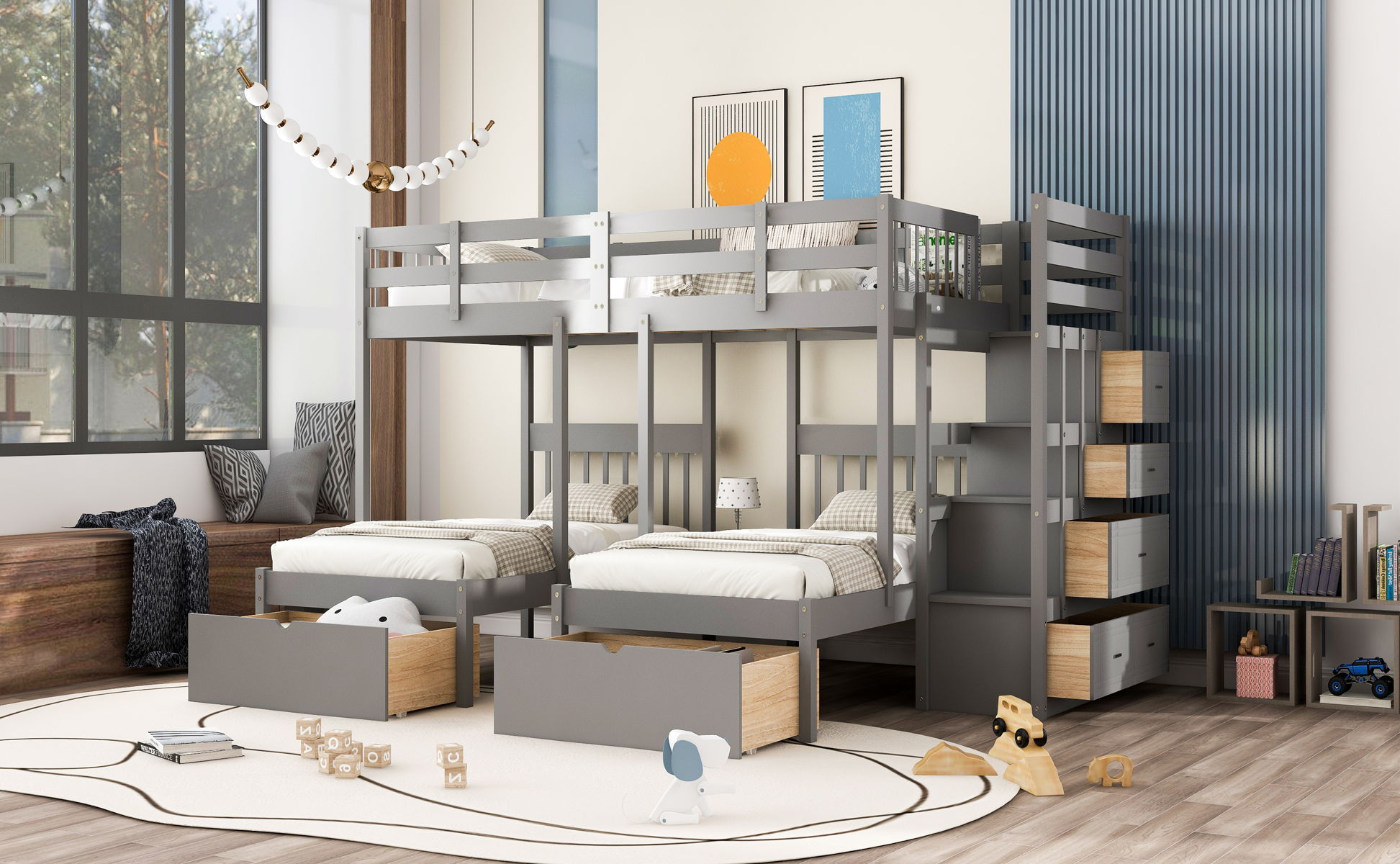 Full Over Twin & Twin Classic Triple Bunk Bed With Drawers And Guardrails - Gray - Image 2