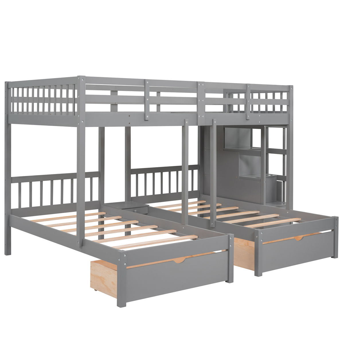 Full Over Twin & Twin Classic Triple Bunk Bed With Drawers And Guardrails - Gray - Image 4