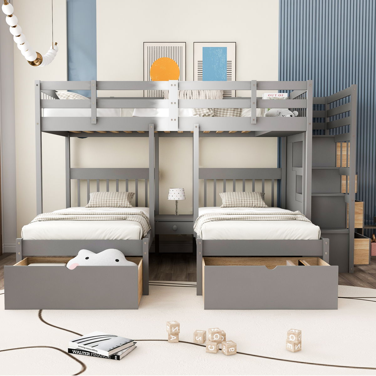Full Over Twin & Twin Classic Triple Bunk Bed With Drawers And Guardrails - Gray - Image 3