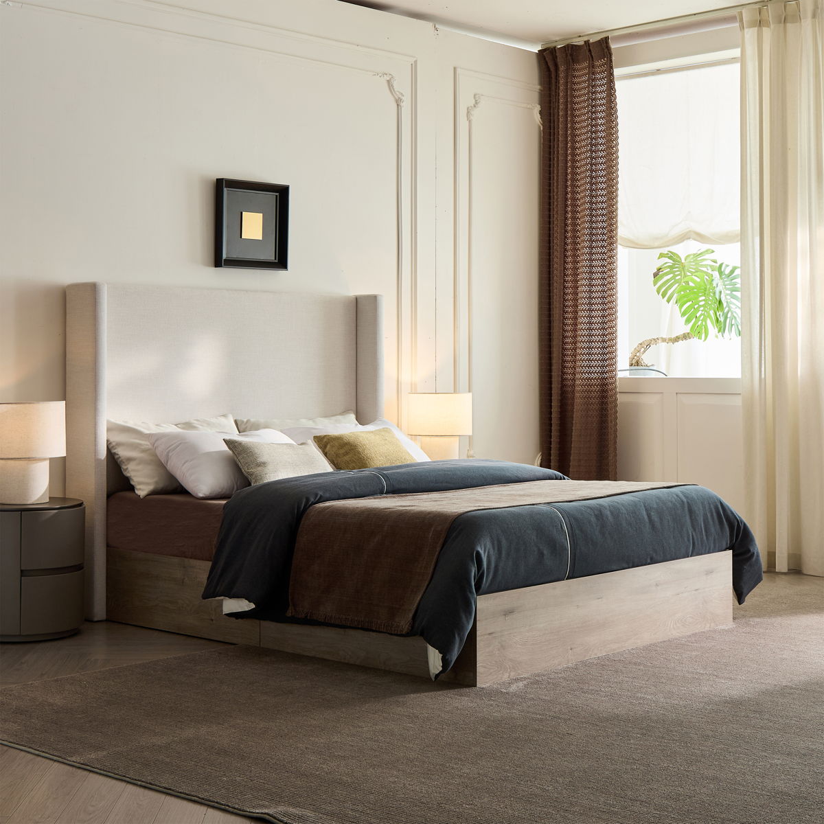 Shelton - Queen Upholstered Wingback Bed With 54" High Headboard - Ivory / Light Gray / Camel Oak - Image 2