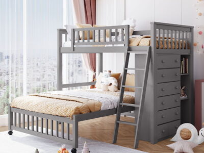 Bunk Bed With 6 Drawers And Flexible Shelves, Bottom Bed With Wheels