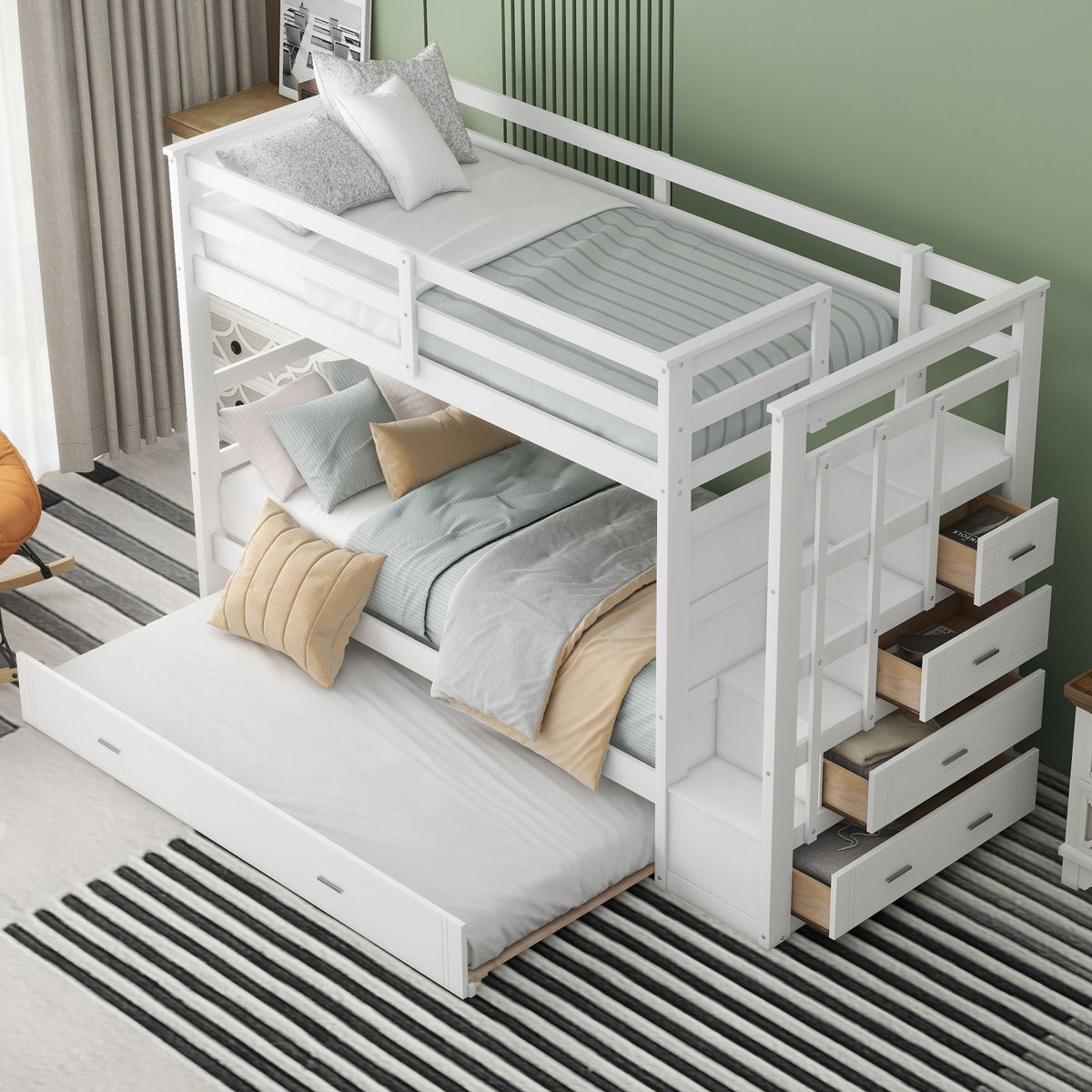 Twin Over Twin Bunk Bed With Trundle And Staircase - White - Image 3