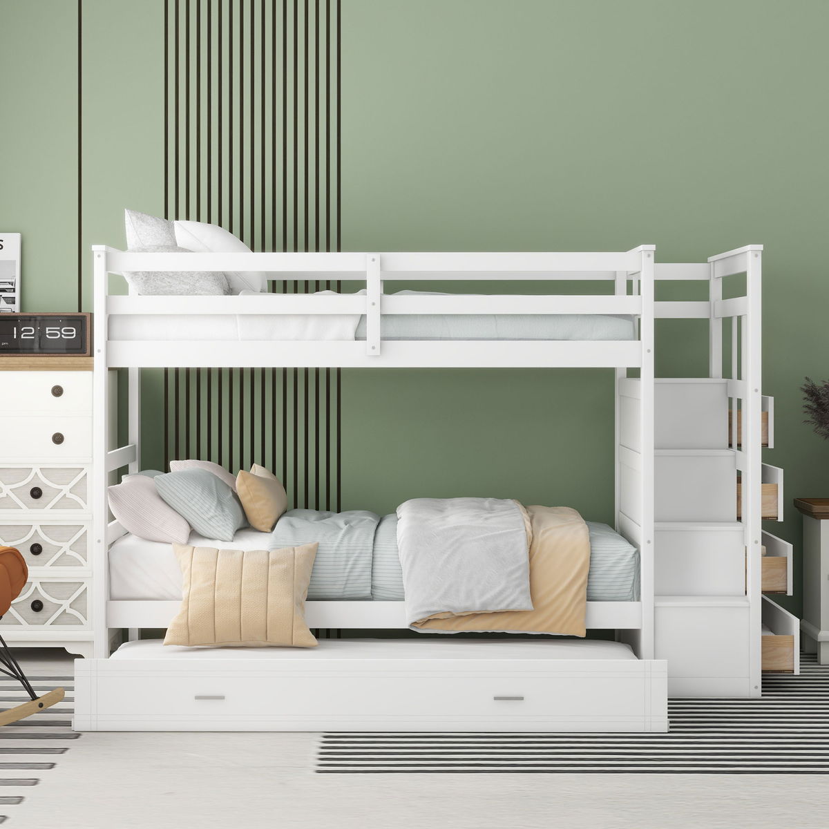 Twin Over Twin Bunk Bed With Trundle And Staircase - White - Image 4